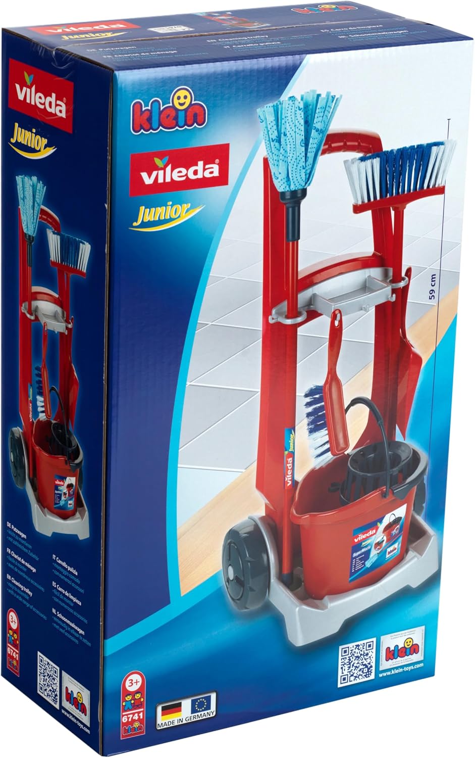 Theo Klein 6741 Vileda Besenwagen | Mit Wischmop, Eimer, Besen und vielem mehr | Vileda-Design | Mas