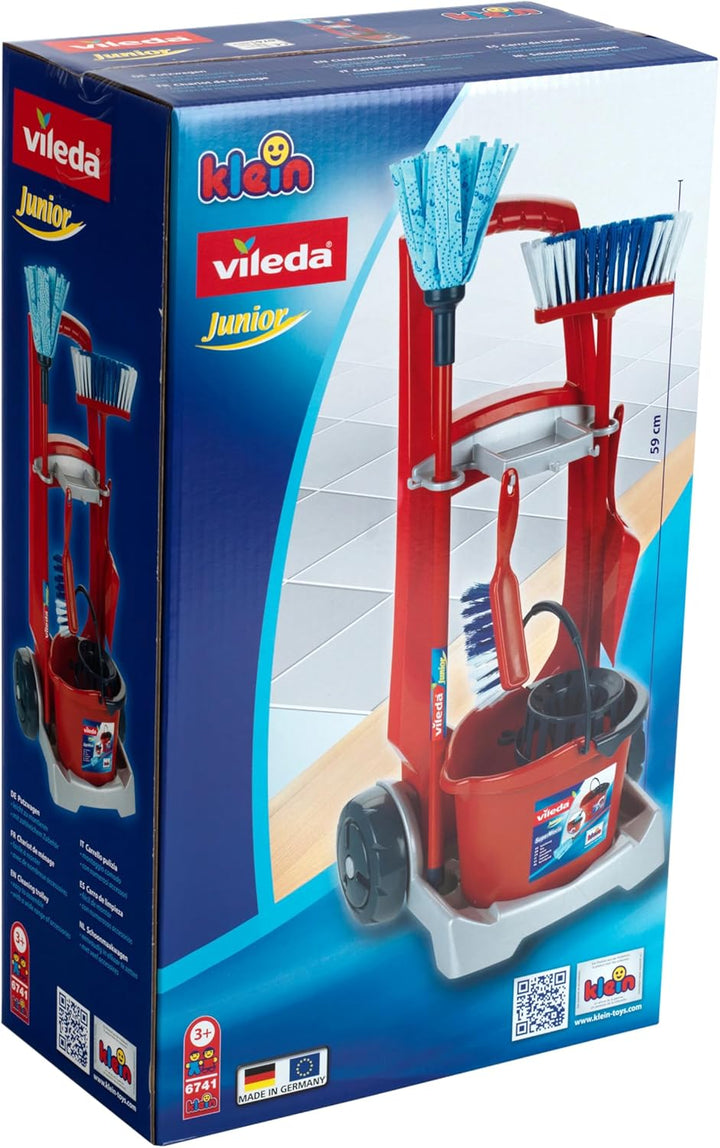 Theo Klein 6741 Vileda Besenwagen | Mit Wischmop, Eimer, Besen und vielem mehr | Vileda-Design | Mas