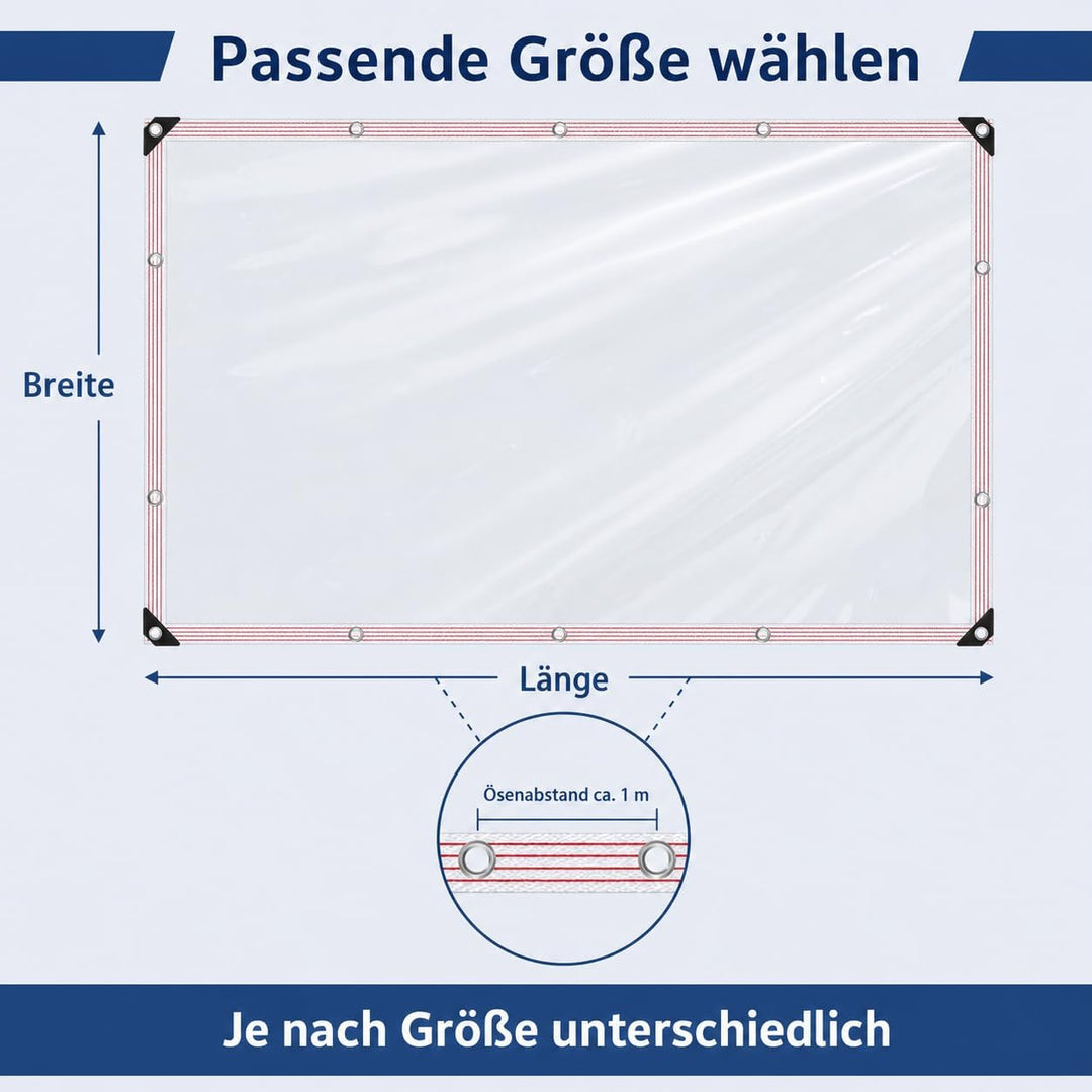 Transparente Plane mit Ösen, Wetterfeste Strapazierfähige Abdeckplane, 0.4 mm 450 g/m² PVC-Material
