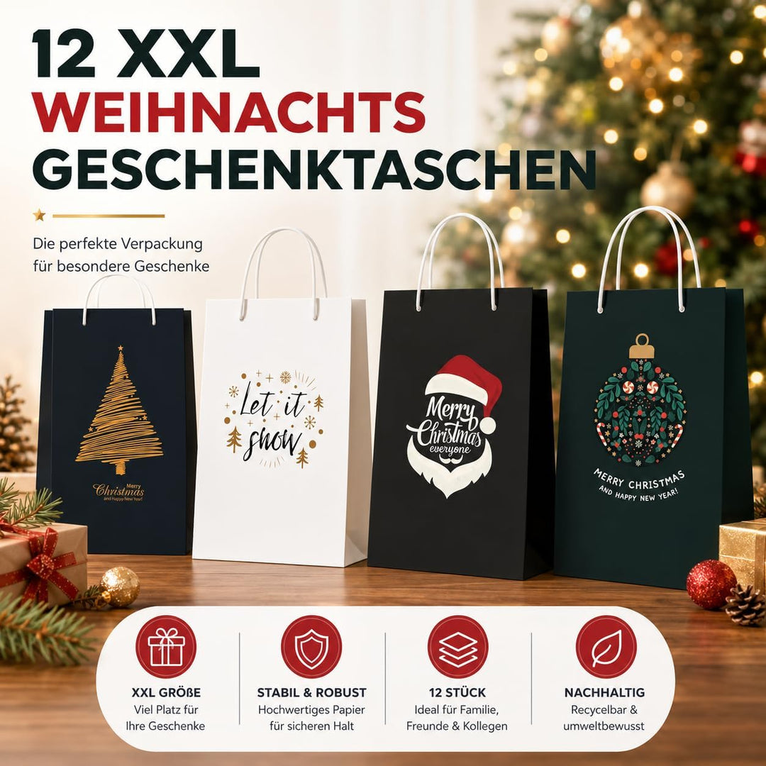 12 XXL Geschenktaschen Geschenktüten für Weihnachten: Grosse Weihnachtstüten ideal für Präsente &amp; Ge