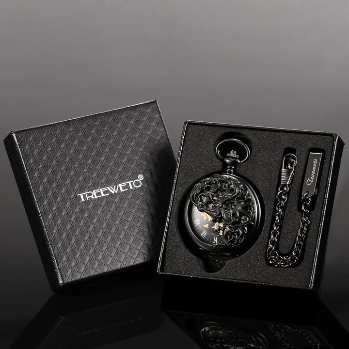 TREEWETO Unisex Taschenuhr mit Kette Analog Handaufzug Doppelscharnier Antik Drache Skelett Schwarz