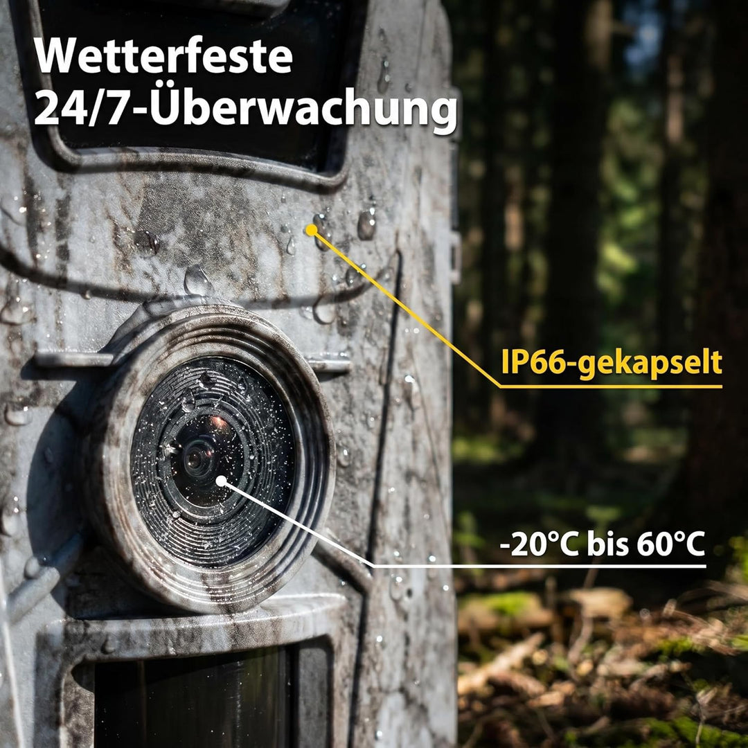 Wildkamera WLAN mit App- Solarbetrieb, 5200mAh Akku, Nachtsicht 0.1s Auslösezeit, IP66 Wasserdicht,
