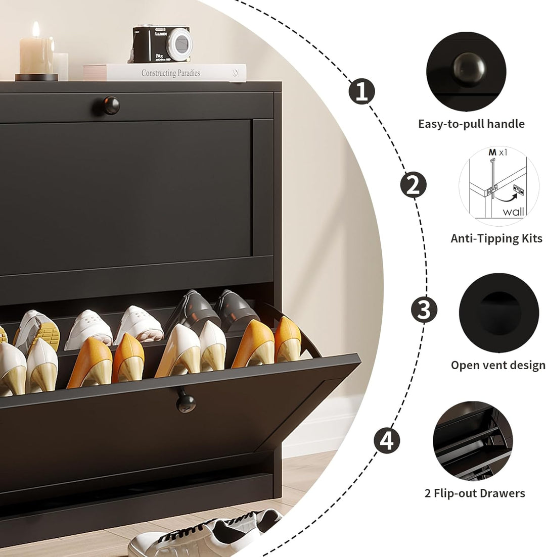 VOWNER Schuhschrank mit 2 Klappen, Schuhregal Schuhkipper Schmal, mit 4 Fächern, Schuhschrank Schwar