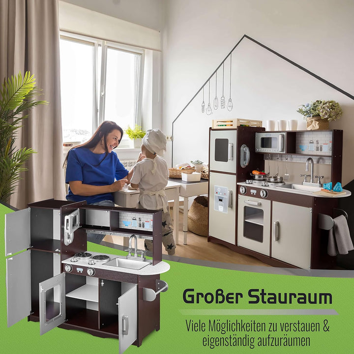 Balinco Kinderküche aus Holz mit Kochgeschirr-Set, Spielküche mit Zubehör & interaktiven Funktionen,