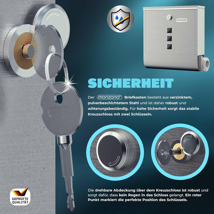 MONZANA® Briefkasten Kreuzschloss mit Kupfer-Schliesszylinder drehbare Abdeckung 31x10x34 cm Sichtfe