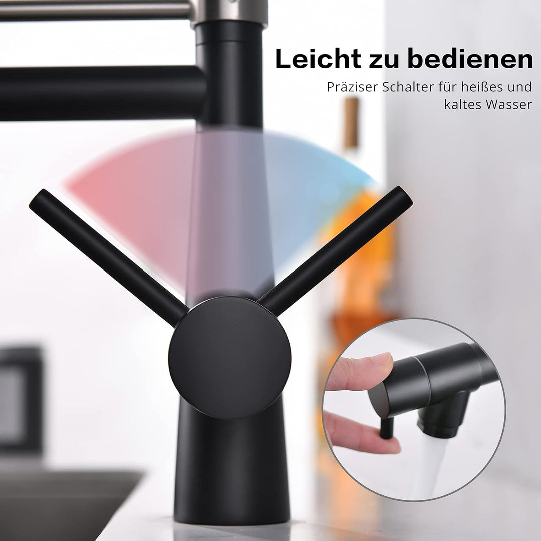 TIMACO Wasserhahn Küche Schwarz mit Schloss Brause Ausziehbar - 360° Schwenkbarz- Pull-Down-Spray -