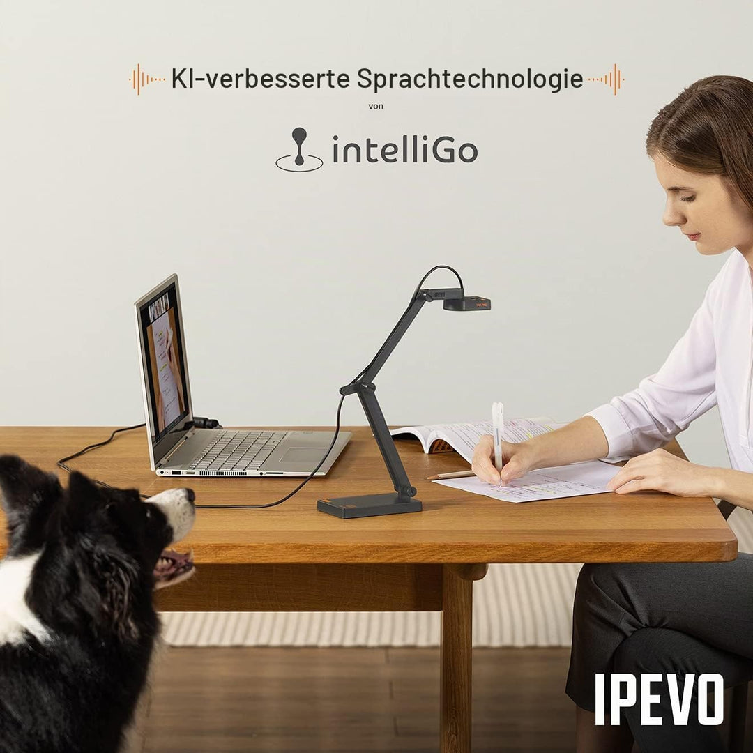 Dokumentenkamera IPEVO V4K PRO Ultra HD USB mit KI-gestütztem Mikrofon, für Visualisierung im Klasse