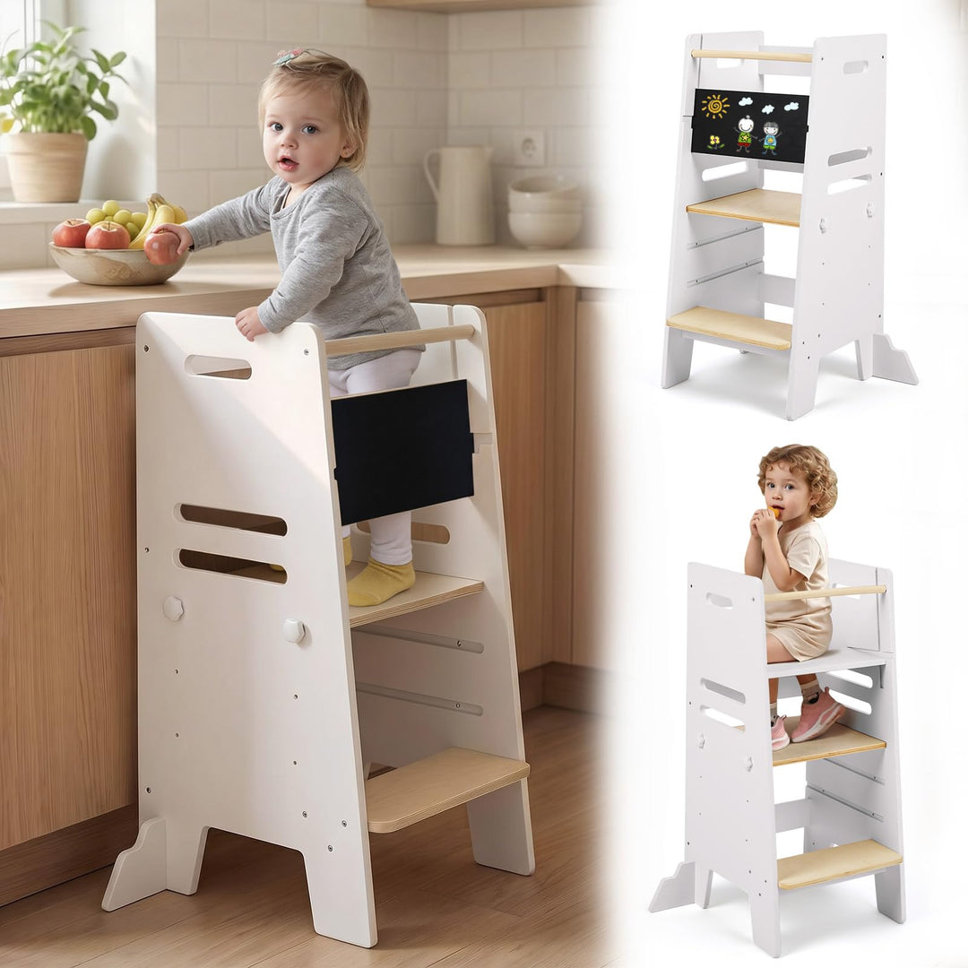 Labebe Montessori Lernturm ab 1 Jahr, 3-in-1 Learning Tower mit Tafel & Sitzbrett, 3-Fach höhenverst