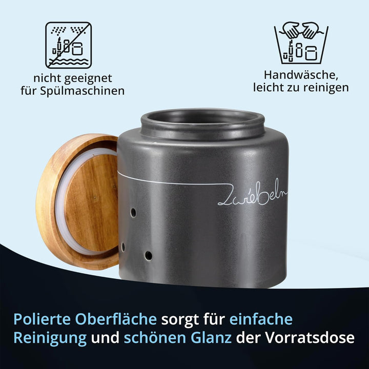 KHG Zwiebel Aufbewahrung Keramik Steingut poliert Anthrazit Grau Holz-Deckel Bambus, 3,2 Liter oder