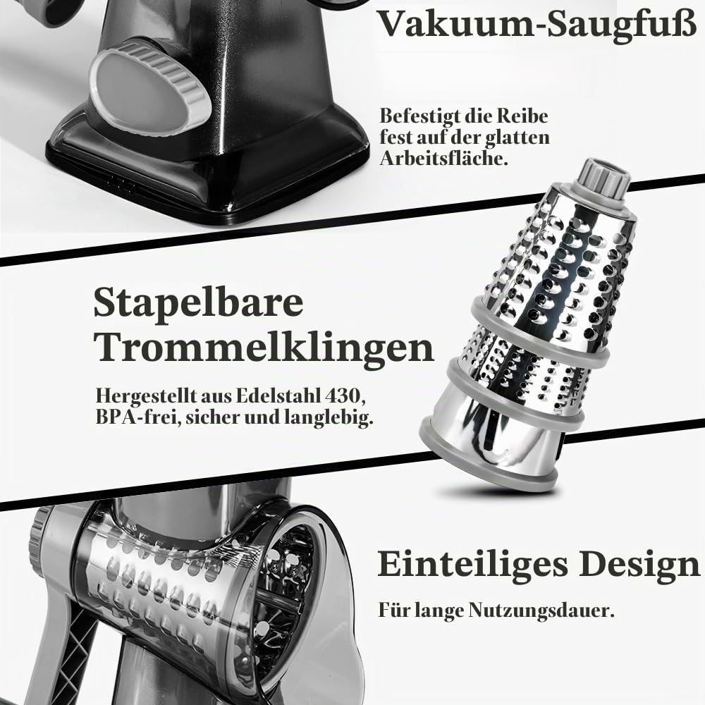 Dreamhigh® Käsereibe mit Kurbel, Gemüseschneider 3 Edelstahl Austauschbaren Trommelklingen, Manuelle