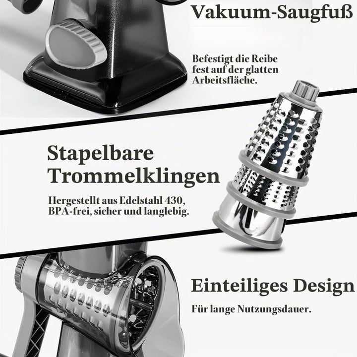 Dreamhigh® Käsereibe mit Kurbel, Gemüseschneider 3 Edelstahl Austauschbaren Trommelklingen, Manuelle