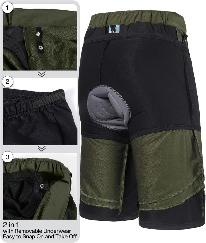 ARSUXEO Radhose Herren MTB Shorts Gepolstert Getrennte Unterhose Lose Fit Fahrradhose Wasserabweisen