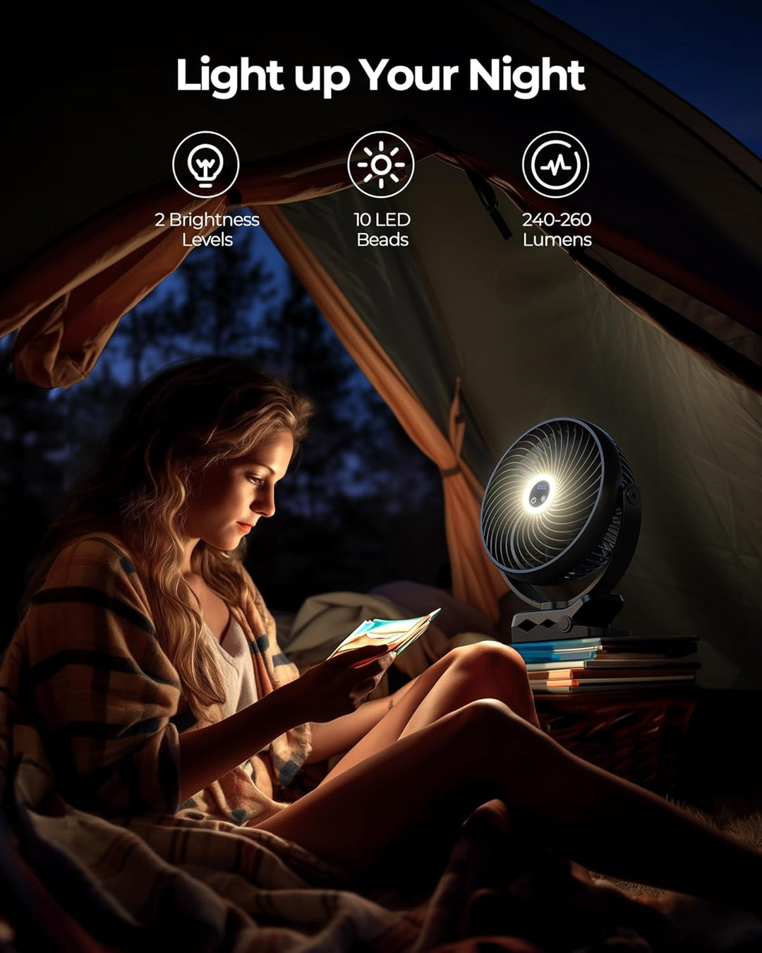 Koonie 20cm Tragbarer Mini Clip Ventilator, USB Tischventilator mit 10000 mAh Akku, Licht, Digitalan