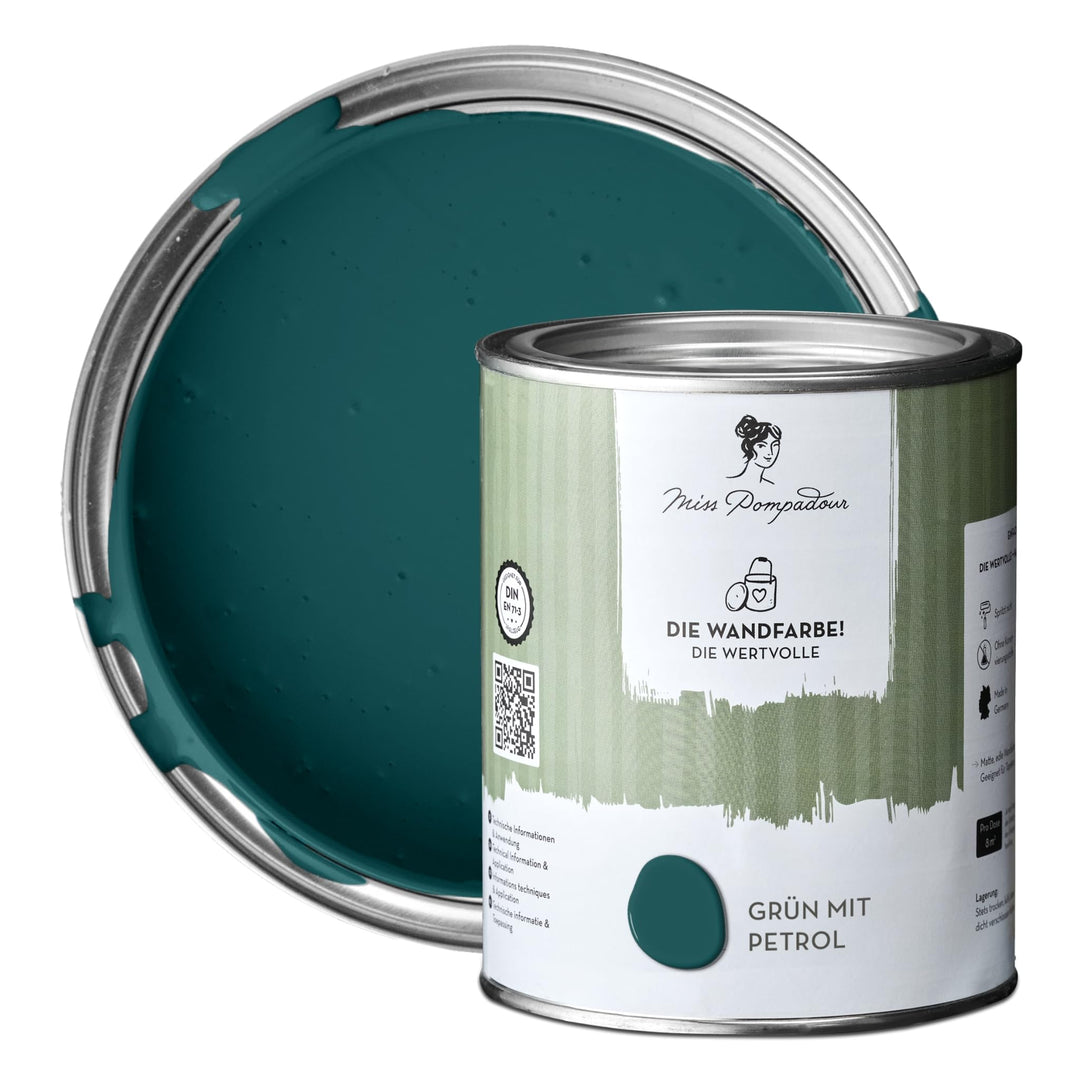 MissPompadour edelmatte Wandfarbe Grün mit Petrol 1L - sehr hohe Deckkraft - geruchsneutrale, spritz
