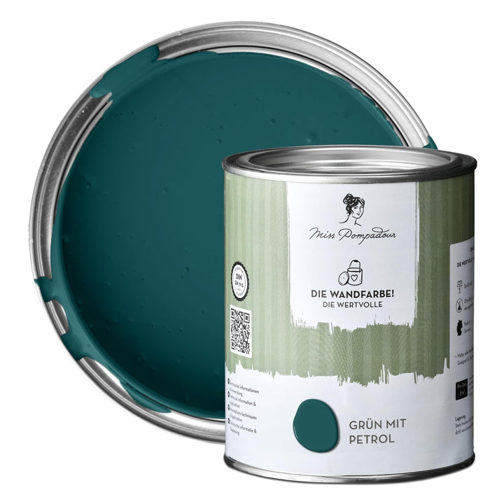 MissPompadour edelmatte Wandfarbe Grün mit Petrol 1L - sehr hohe Deckkraft - geruchsneutrale, spritz
