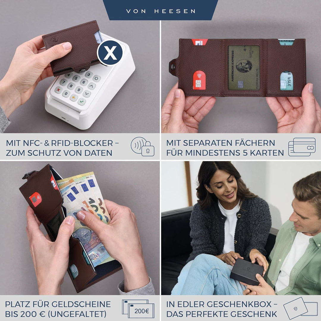 VON HEESEN Slim Wallet mit XL Münzfach &amp; RFID-Schutz - Leder Geldbeutel - Mini Geldbörse für Herren