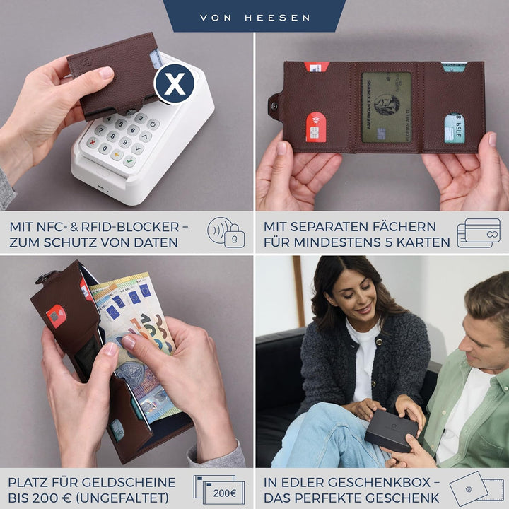 VON HEESEN Slim Wallet mit XL Münzfach &amp; RFID-Schutz - Leder Geldbeutel - Mini Geldbörse für Herren