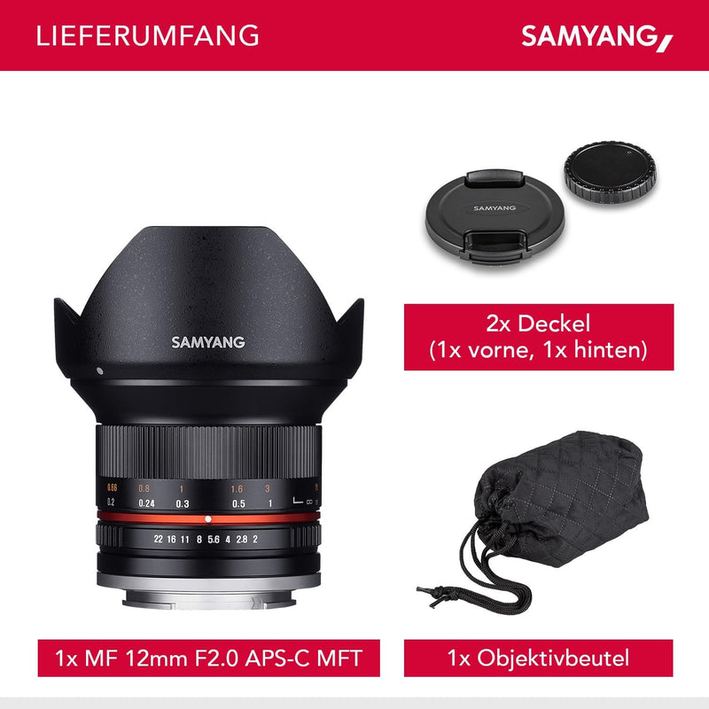 Samyang 12mm F2.0 MFT schwarz - Weitwinkel Festbrennweite für Micro Four Thirds Anschluss, manueller