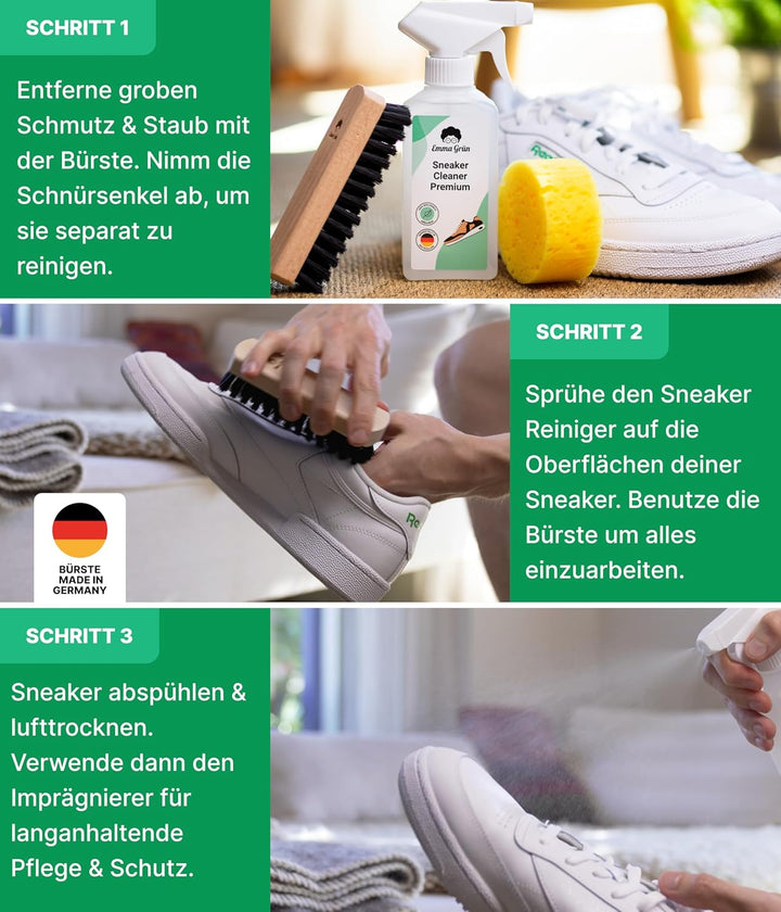 Emma Grün® Sneaker Cleaner Reinigungsset 250ml [Bürste + Imprägnierspray] - Nachhaltiges Komplettset