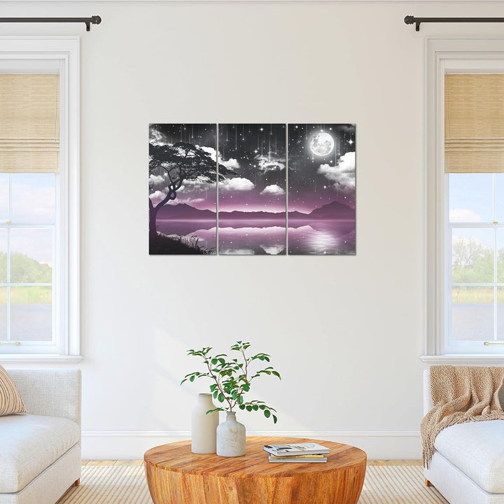Runa Art Wandbilder Nachthimmel Natur Bild XXL Wohnzimmer Schlafzimmer Violett Grau Mondschein Wasse