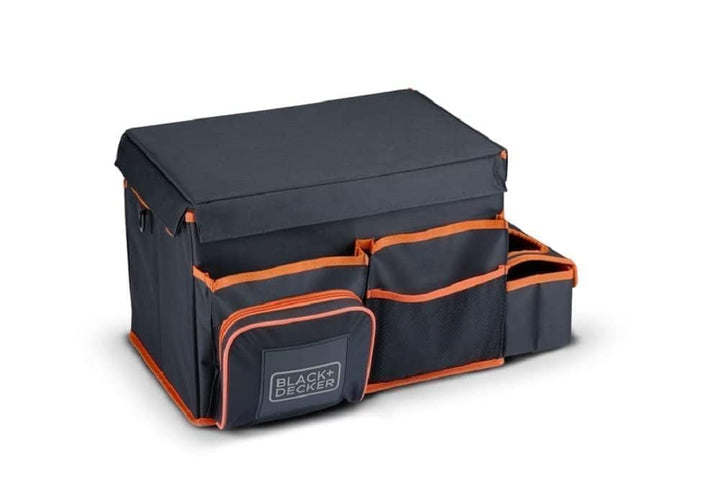 BLACK+DECKER Kofferraum-Organizer – 47,5 x 25 x 30 cm – mit Tragegurt – Getränkehalter – Grau/Orange