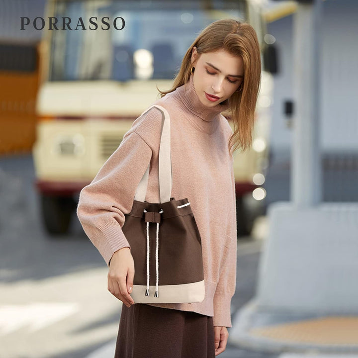 PORRASSO Damen Schultertasche Canvas Tote Umhängentasche Kordelzug Beuteltasche Mädchen Handtasche C