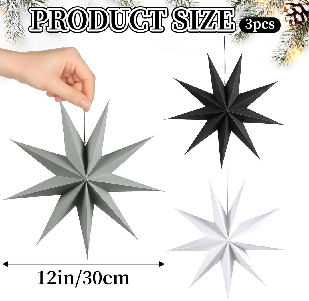 SUNBEAUTY 3 Stück Papierstern Schwarz &amp; Weiss &amp; Grau 30cm,Papiersterne Zum Aufhängen,Weihnachten Pap