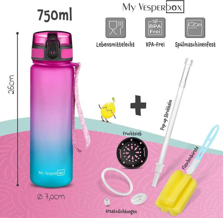 My Vesperbox® Trinkflasche Kinder [750ML] - Wasserflasche Kohlensäure Geeignet & Auslaufsicher - Wat