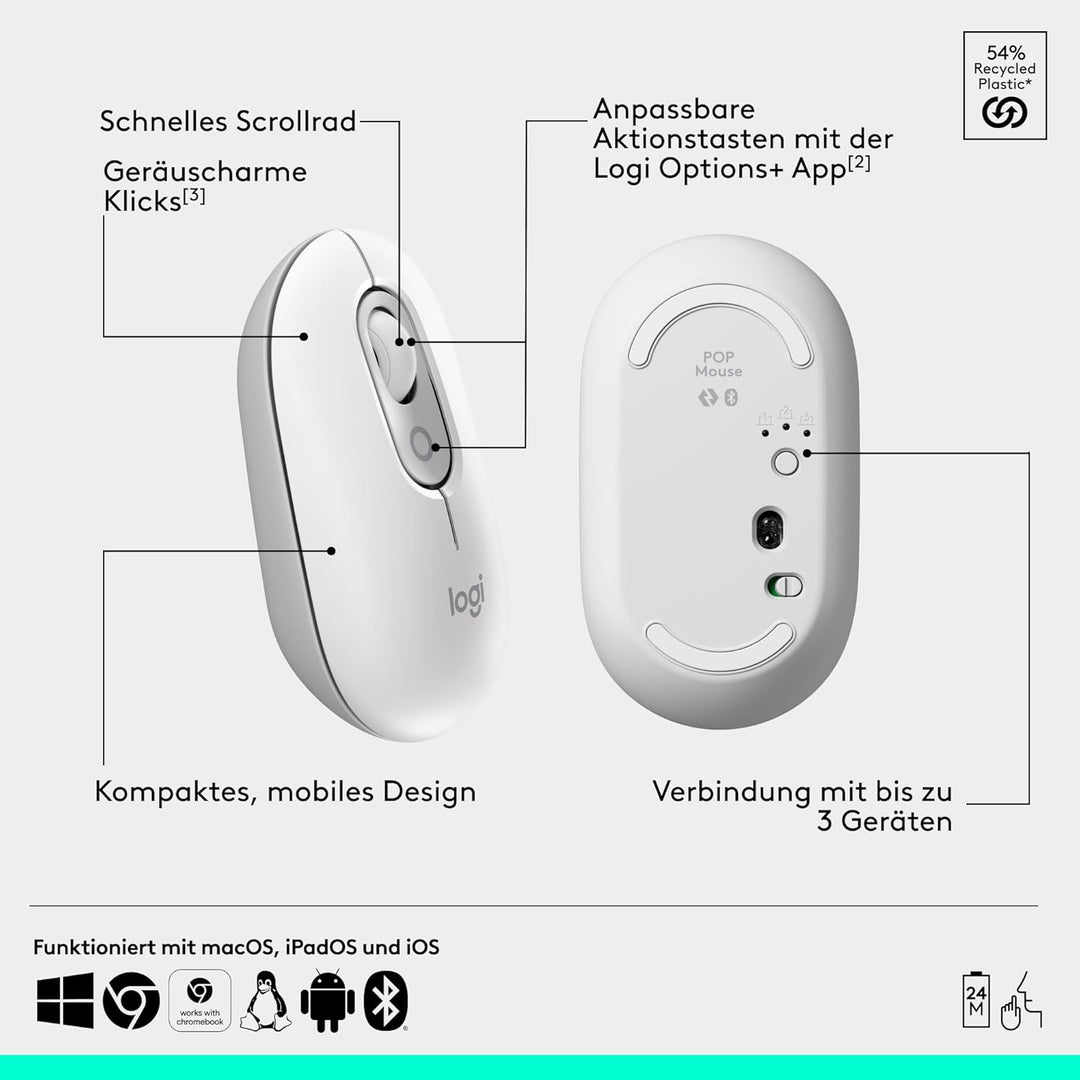 Logitech POP Mouse, kompakte und Mobile kabellose Bluetooth-Maus mit programmierbaren Tasten und lei