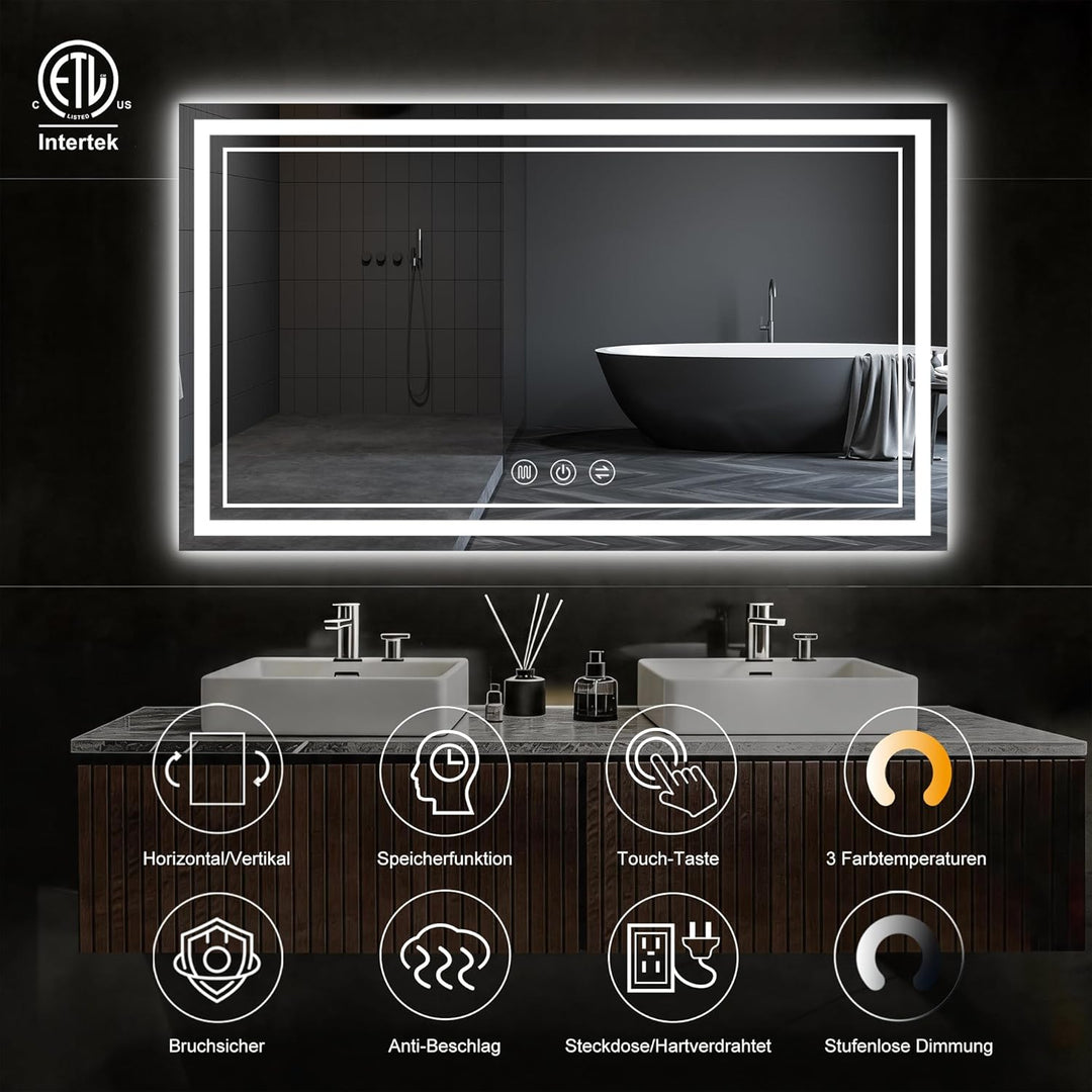 Badspiegel mit Beleuchtung, 60x80cm LED Badezimmerspiegel mit Beleuchtung, Badspiegel Mit Touch Scha