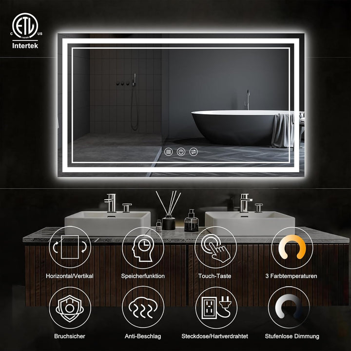 Badspiegel mit Beleuchtung, 60x80cm LED Badezimmerspiegel mit Beleuchtung, Badspiegel Mit Touch Scha