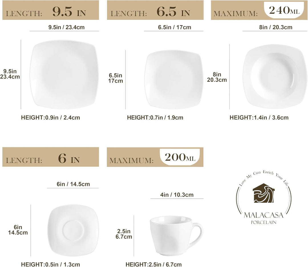 MALACASA, Serie Julia, Geschirrset 12 Personen, 60 Teilig Porzellan Geschirr Set,Kombiservice Tafels