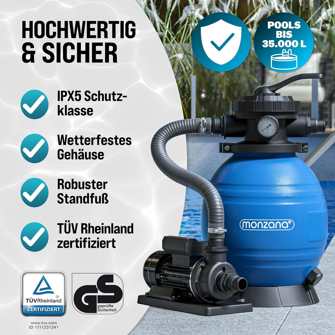 Monzana Sandfilteranlage Pool Selbstansaugend 10.200L/h 450 Watt 2in1 Adapter Ø32mm - 38mm 4Wege Ven