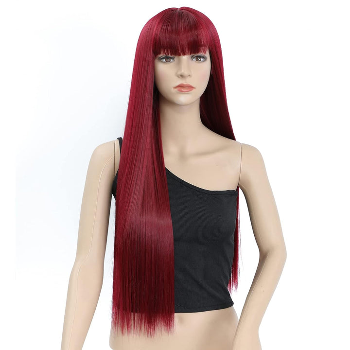 Perücke Rote Lang Gerade Perücke mit Pony für Damen, 30 Zoll Synthetische Kunstfaser Glatte Perücken