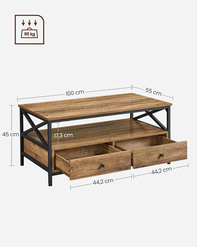 VASAGLE Couchtisch, Wohnzimmertisch, Sofatisch, für Wohnzimmer, mit Schubladen, X-förmige Streben, o