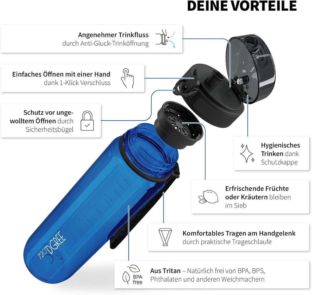 720°DGREE Kinder Trinkflasche 500ml “uberBottle“ crystalClear +Sieb - BPA-Frei, Auslaufsicher - Für