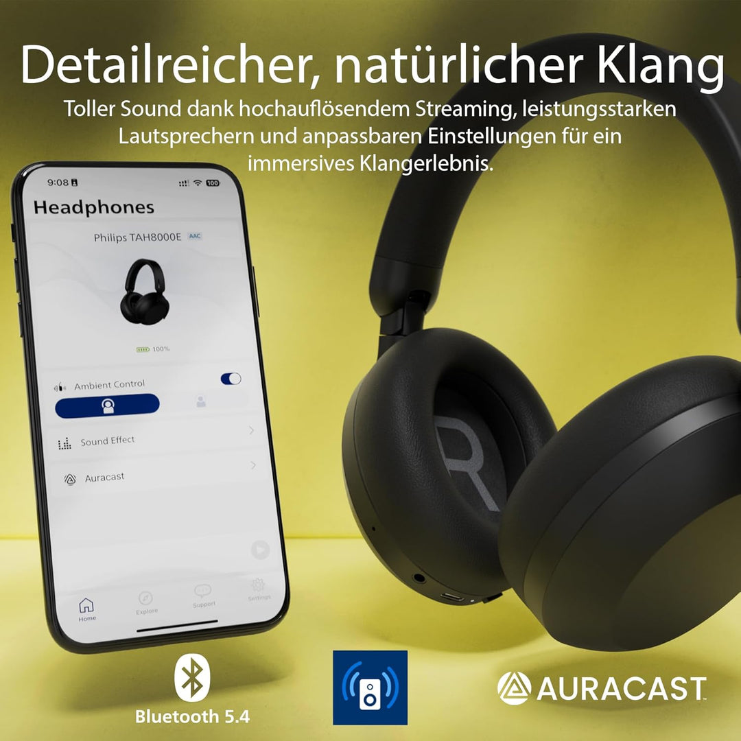 Philips TAH8000EBK/00 kabellose ohraufliegende Bluetooth-Kopfhörer – Geräuschunterdrückung, 70 Stund