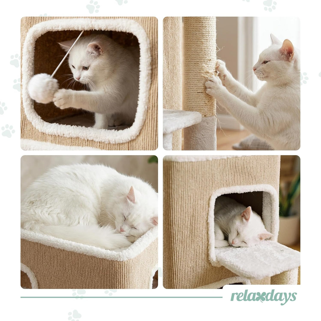 Relaxdays Katzenhaus 3-stöckig, Katzenhöhle mit Ball &amp; Kratzbaum, beige | HxBxT: 83,5x43x34 cm, Tier