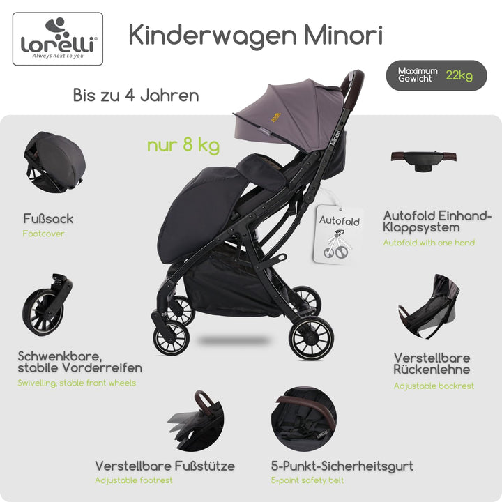 Lorelli Kinderwagen Minori, Sport Buggy klein zusammenklappbar, Autofold Einhand-Klappsystem, Nur 9,