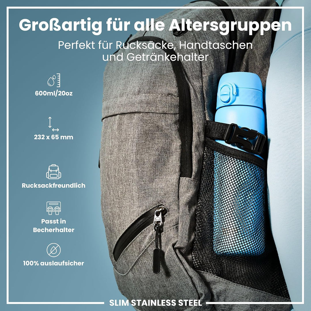 Ion8 Stahl-Trinkflasche, 600 ml, Auslaufsicher, Einhandöffnung, Sichere Verriegelung, Spülmaschinenf
