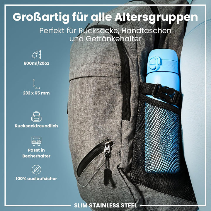 Ion8 Stahl-Trinkflasche, 600 ml, Auslaufsicher, Einhandöffnung, Sichere Verriegelung, Spülmaschinenf