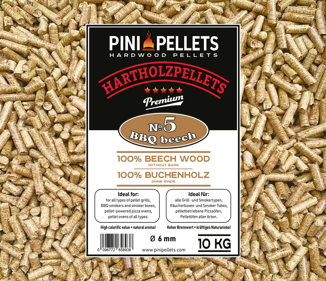PINI Hartholz Pellets 100% Buche №5 BBQ Beech 10 Kg Grillpellets zum Grillen Räuchern Smoken