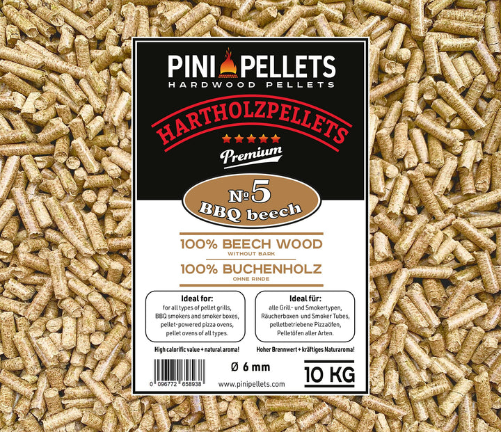 PINI Hartholz Pellets 100% Buche №5 BBQ Beech 10 Kg Grillpellets zum Grillen Räuchern Smoken