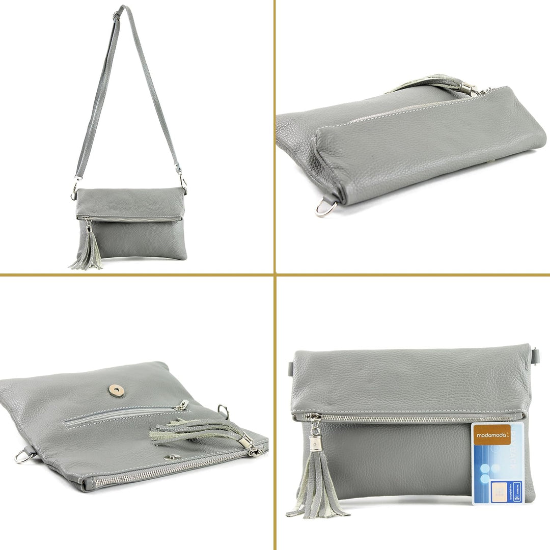 modamoda de - T167 - ital Clutch Umhängetasche Leder Klein Dunkellila, Dunkellila