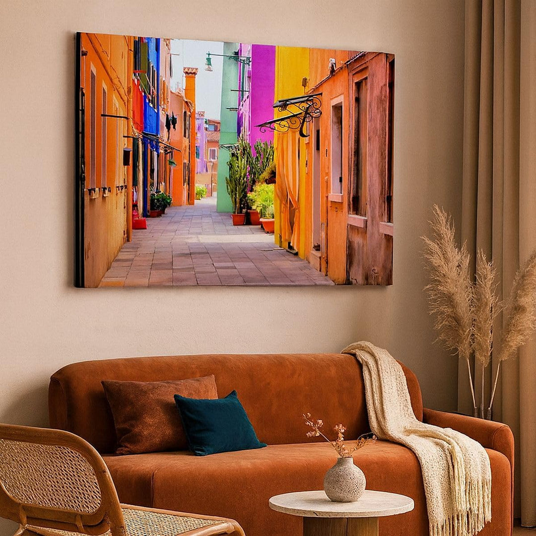 Bilder auf Leinwand 100x70cm Leinwandbild mit Rahmen Sommer Strasse Haus Gross Wanddeko Bild Schlafz
