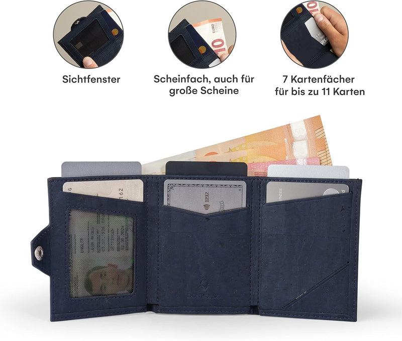 DONBOLSO Geldbörse Korkleder Slim Wallet | Münzfach & RFID Schutz | 11 Karten | Minimalistische Port