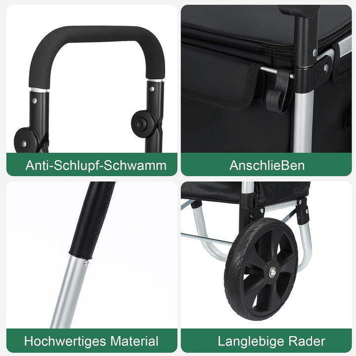 Einkaufstrolley 64 L, klappbarer Einkaufswagen mit Aluminiumrahmen, bis 60 kg Tragkraft, grosse Roll