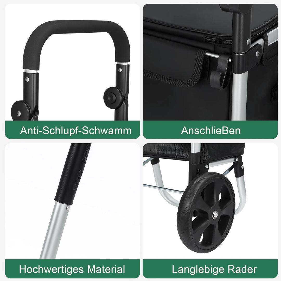 Einkaufstrolley 64 L, klappbarer Einkaufswagen mit Aluminiumrahmen, bis 60 kg Tragkraft, grosse Roll