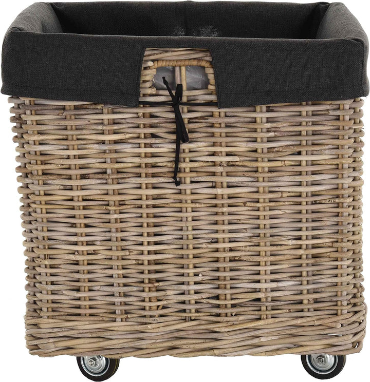 Grosser Rollkorb mit Griffen / Holzkorb mit Rollen aus grauem Natur Rattan / Aufbewahrung Holz-Wagen