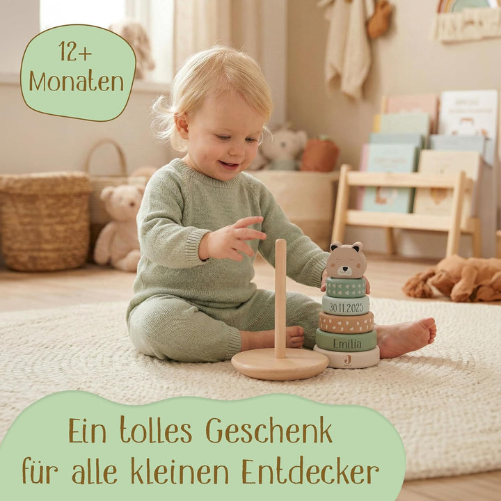 Stapelturm personalisiert mit Name & Datum – Jollein FSC Holz Baby Stapelspielzeug ab 12 Monate – Ge
